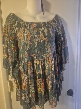 Angie Dark Green Floral Off-Shoulder Tunic